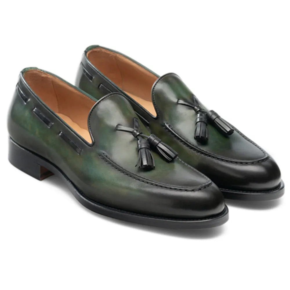 Height Increasing Olive Green Leather Barbican Tassel Loafers sold by Costoso Italiano