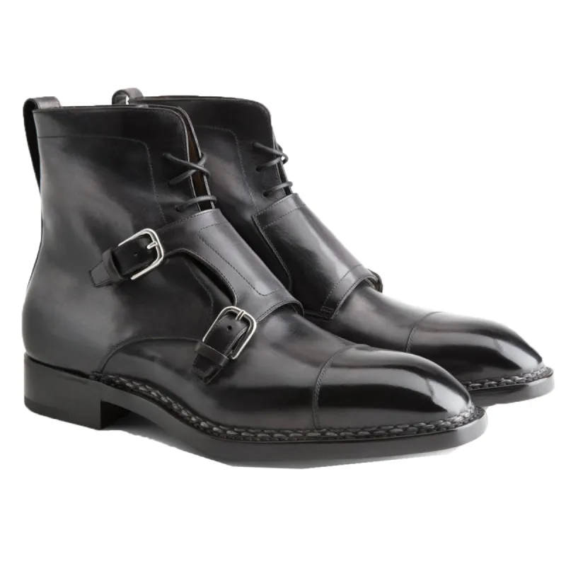 Height Increasing Norwegian Welted Mafra Black Leather Double Monk Strap Oxford Boot sold by Costoso Italiano