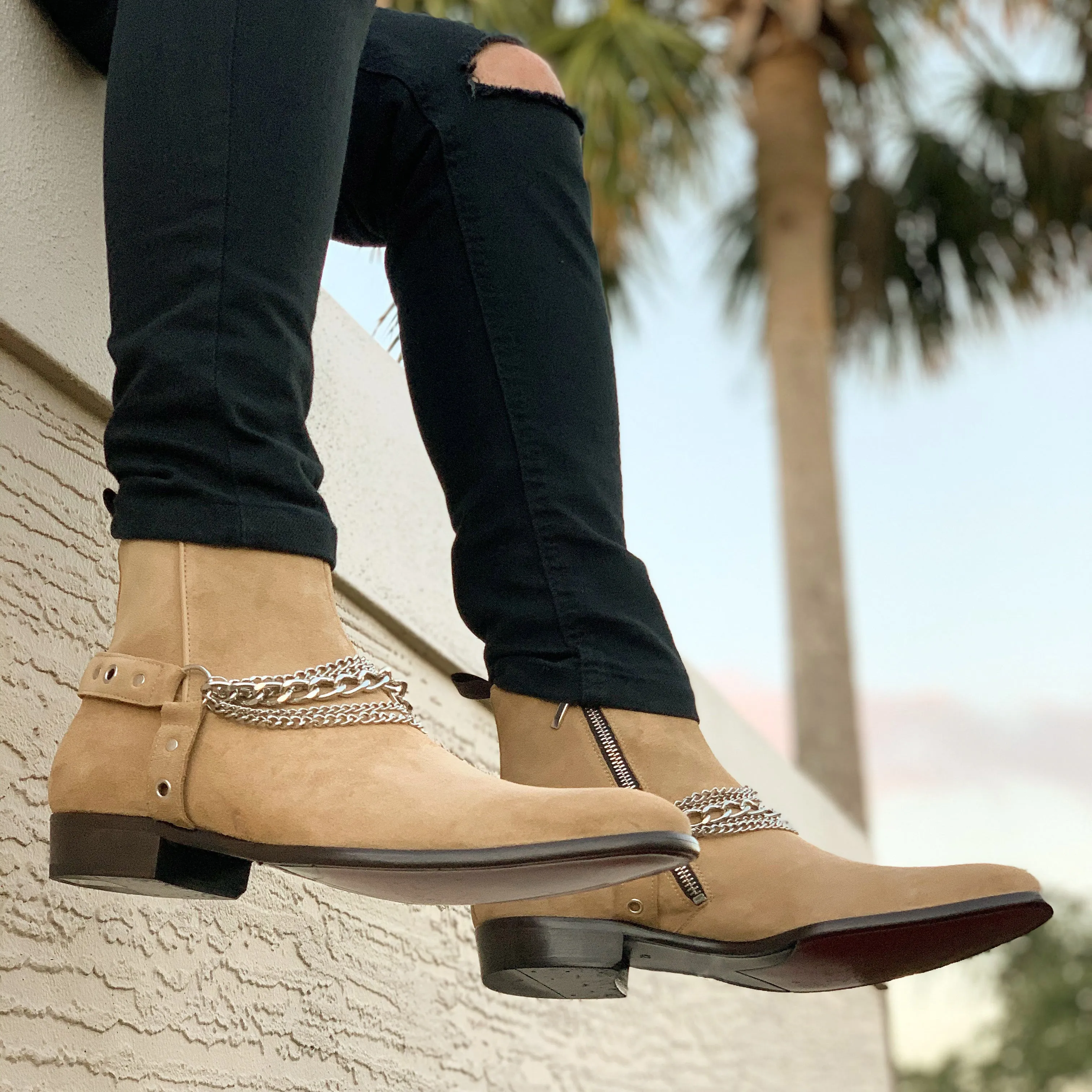 Tan Suede Ravien Harness Chelsea Boots with Golden Chain sold by Costoso Italiano product image thumbnail 2