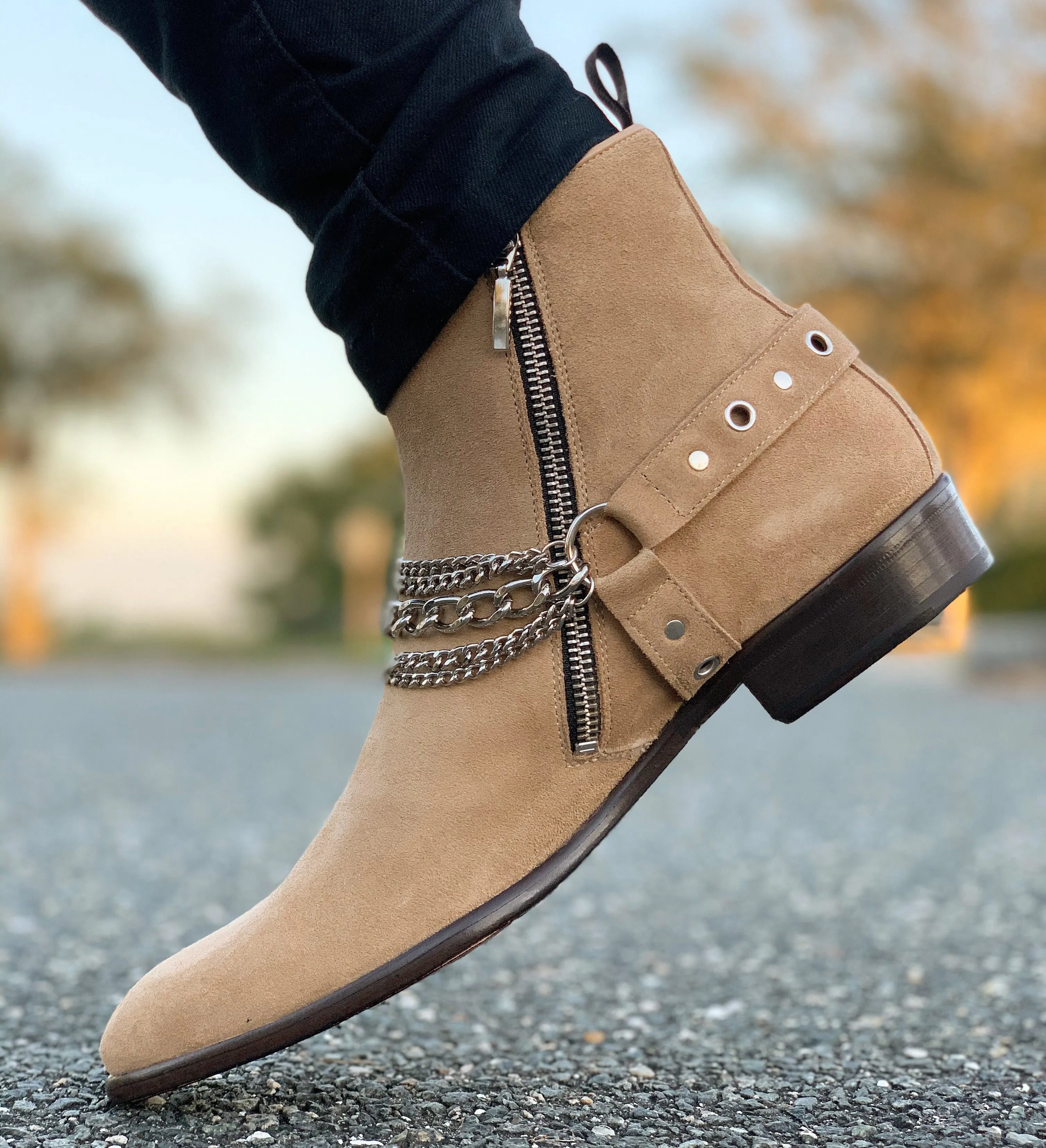 Tan Suede Ravien Harness Chelsea Boots with Golden Chain sold by Costoso Italiano