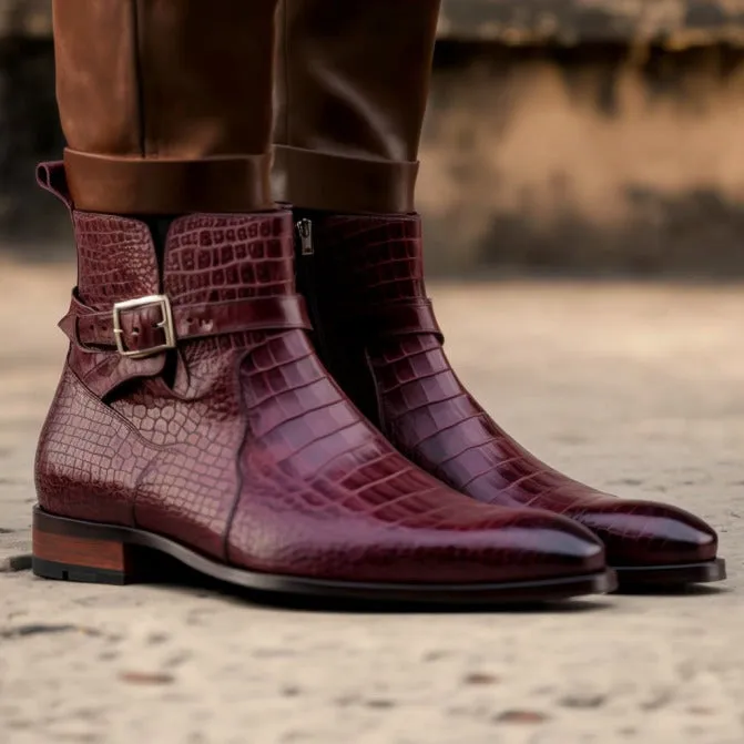 Burgundy Brown Croc Print Leather Slip On Fraser Jodhpur Boots with Buckle and Strap for Men sold by Costoso Italiano