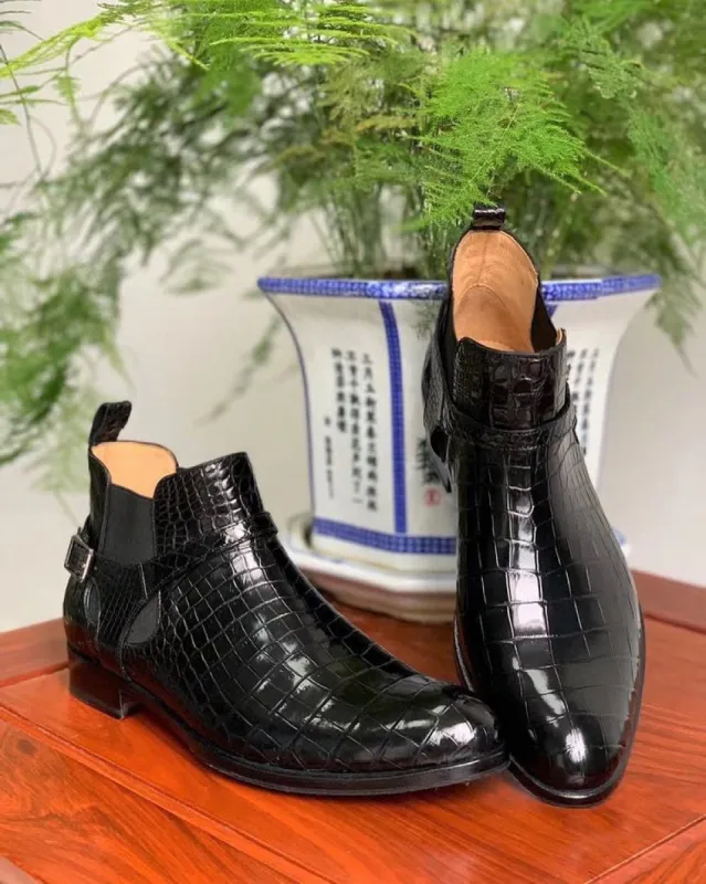 Black Crocodile Print Leather Santana Monk Strap Chelsea Boots sold by Costoso Italiano