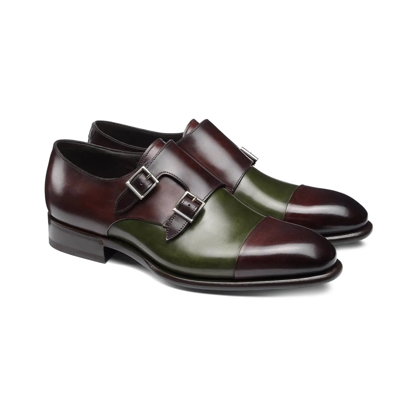Brown and Green Leather Castle Monk Straps sold by Costoso Italiano