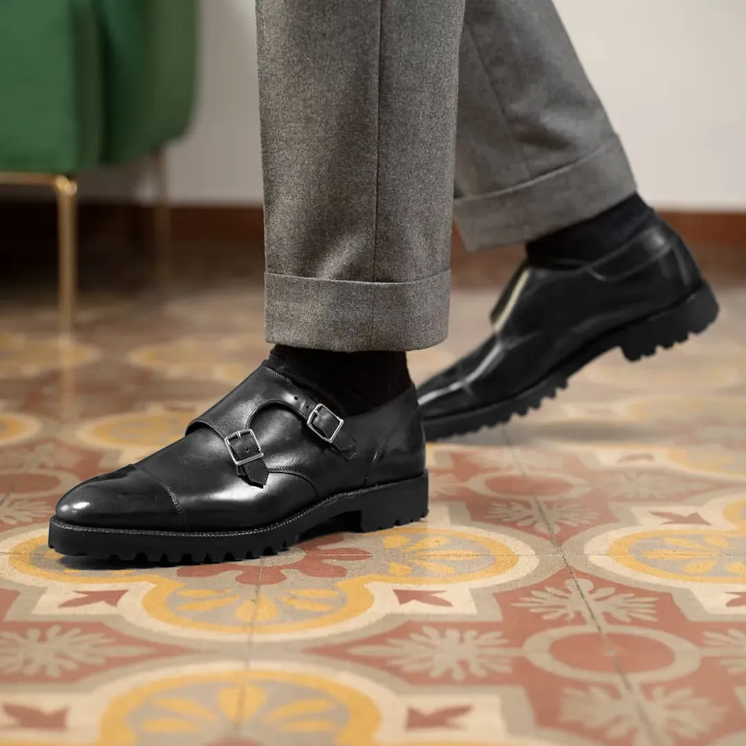 Black Leather Alissa Chunky Monk Strap Shoes with Toecap - With Track Soles sold by Costoso Italiano