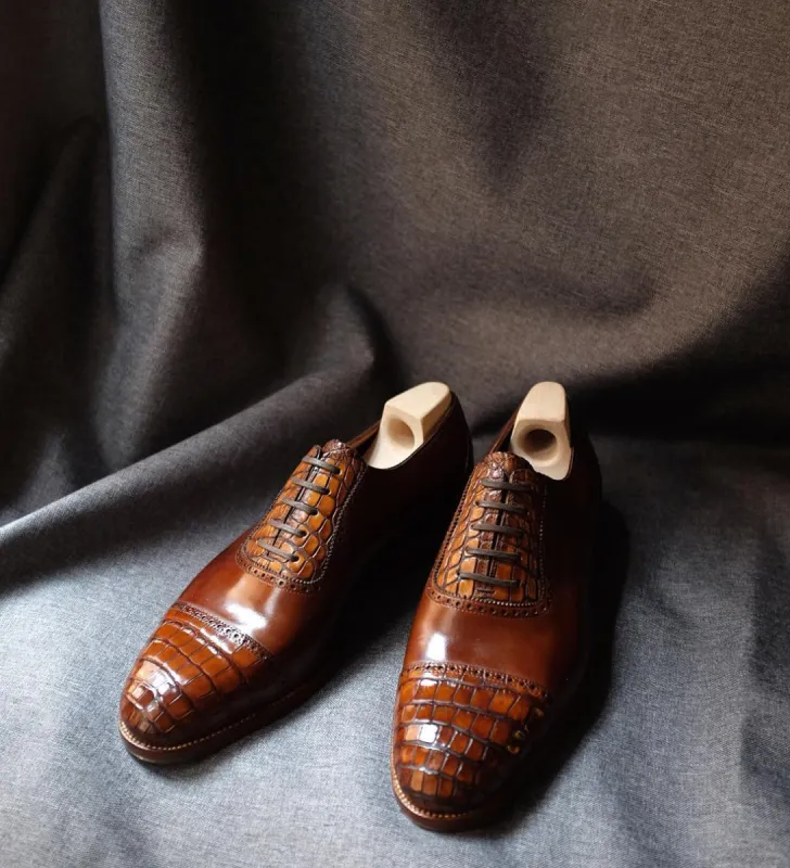 Height Increasing Tan Leather Lagos Croc Print Brogue Toe Cap Oxfords - Formal Shoes sold by Costoso Italiano