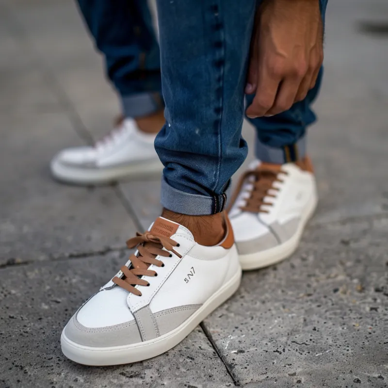 Grey & White Leather Brown Lace-Up Sneakers with White Sole - Summer 2024 Collection sold by Costoso Italiano