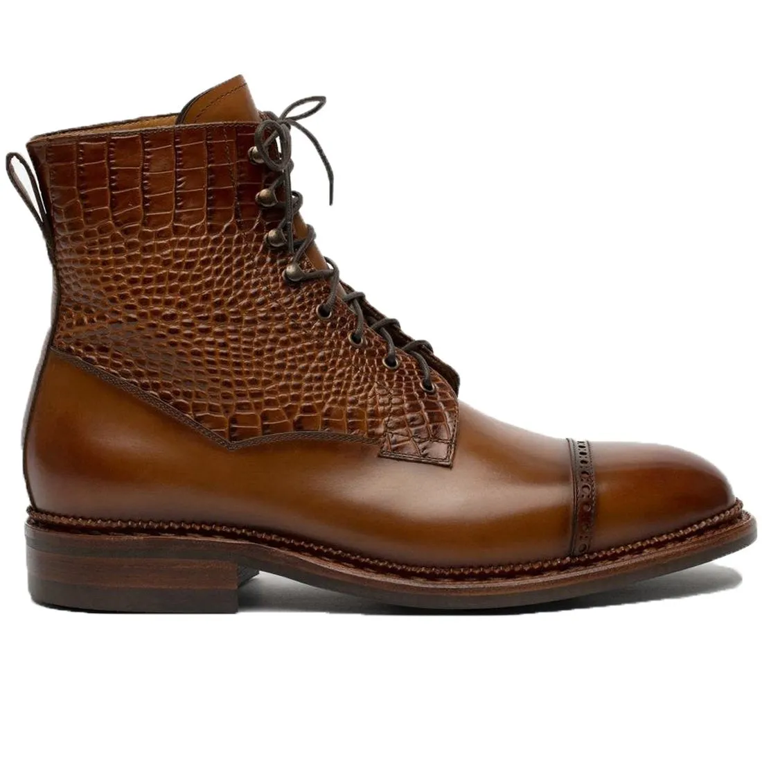 Flat Feet Shoes - Tan Alligator Textured Leather Furzton Lace Up Boots with Arch Support sold by Costoso Italiano