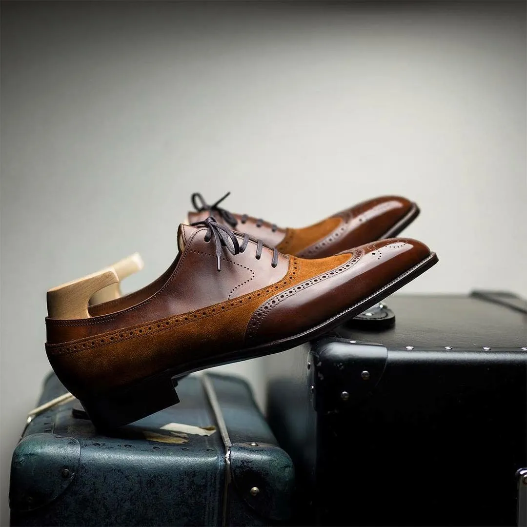 Tan Leather and Suede Cedara Brogue Wingtip Oxfords - Formal Shoes sold by Costoso Italiano