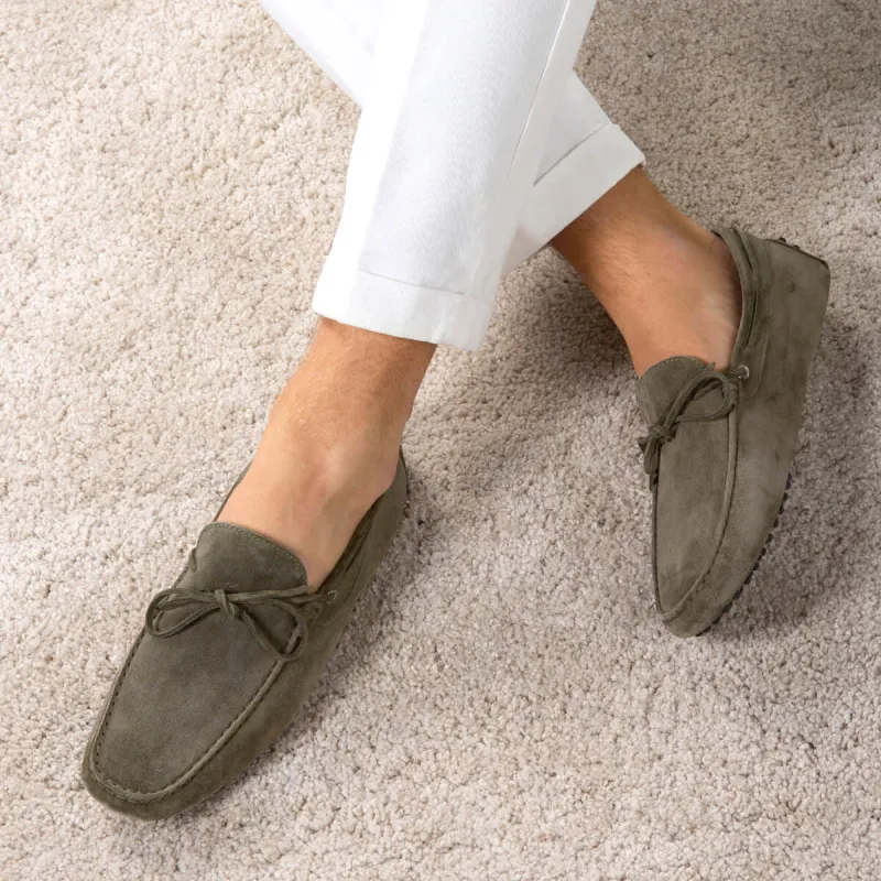 Olive Green Suede Ophelia Driving Loafers - AW24 sold by Costoso Italiano