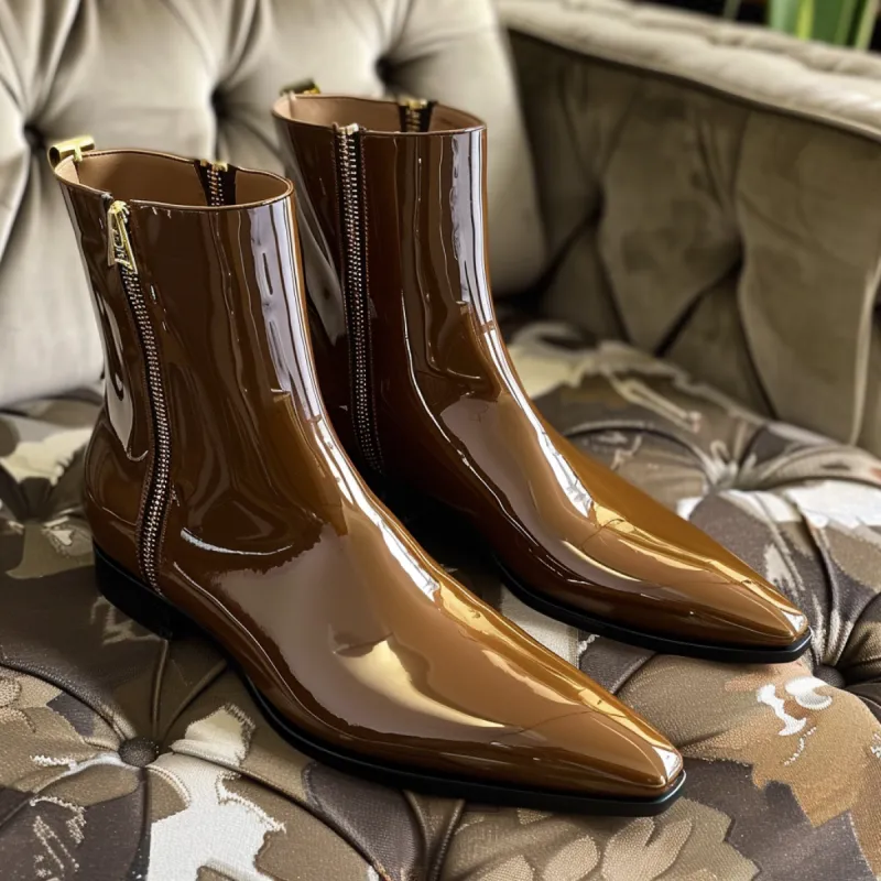 Brown Patent Leather Gerolamo Slip-On Pointed Zipper Boots sold by Costoso Italiano