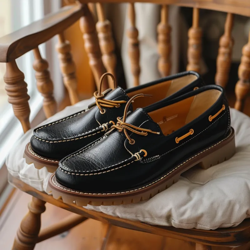 Black Giovanni Boat Shoes with Honey Soles sold by Costoso Italiano
