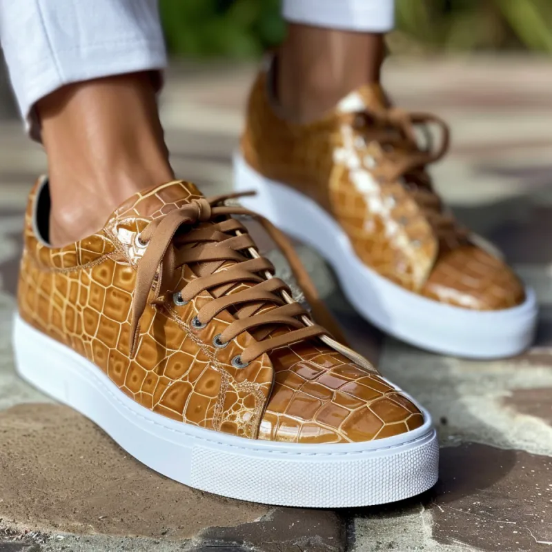Tan Croc Print Leather Placido Lace Up With White Sole Sneakers sold by Costoso Italiano