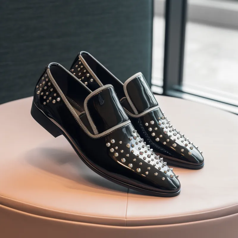 Black Leather Spike LuxeTread Slip On Studded Loafers - SS23 sold by Costoso Italiano