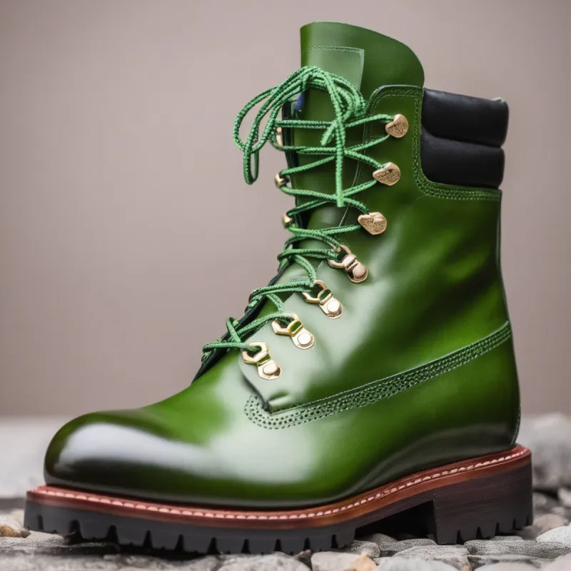 Green Leather Abbraccio Mid Calf Rugged Lace Up Combat Hiking Boots with Chunky Track Sole sold by Costoso Italiano