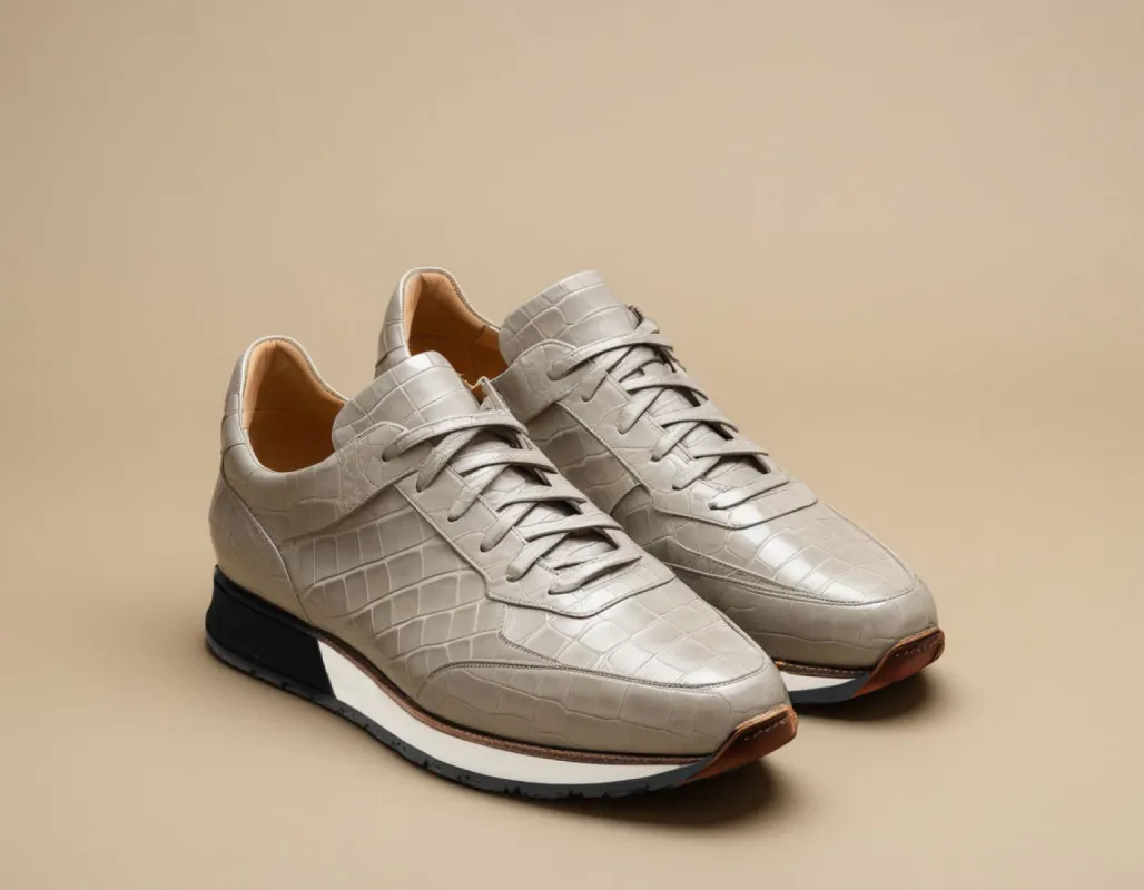 Grey Croc Print Leather Nausori Lace Up Running Sneaker Shoes sold by Costoso Italiano