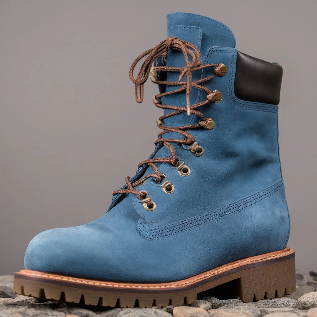 Blue Nubuck Leather Abbraccio Mid Calf Rugged Lace Up Combat Hiking Boots with Chunky Track Sole sold by Costoso Italiano