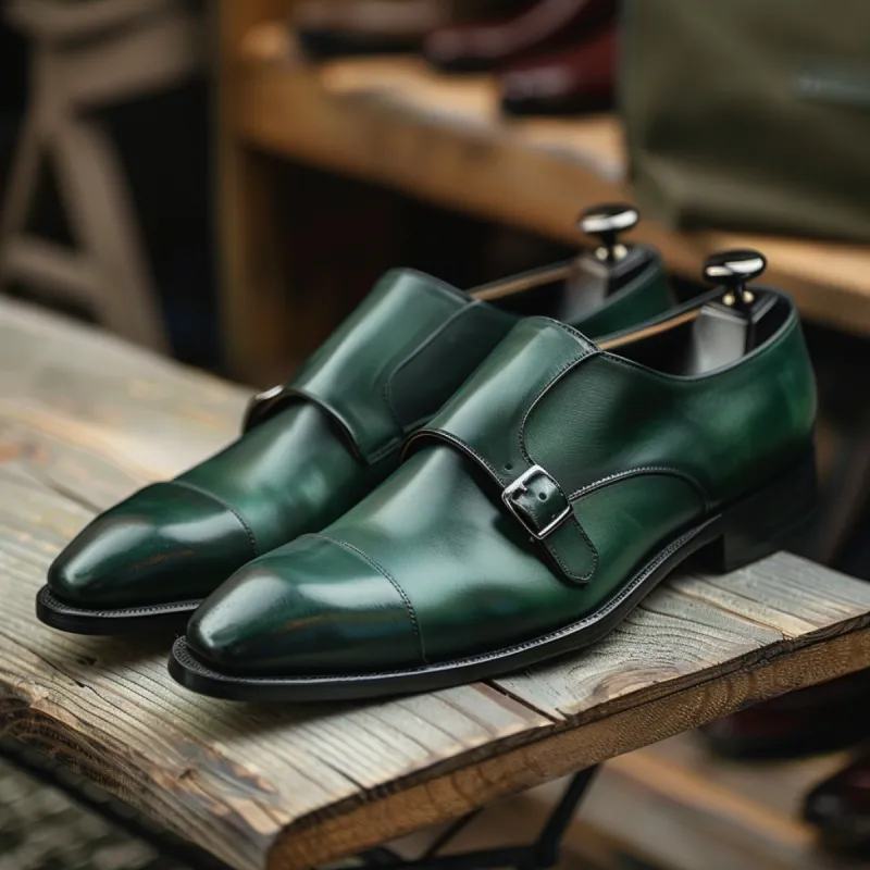 Green Leather Giulio Monk Straps sold by Costoso Italiano