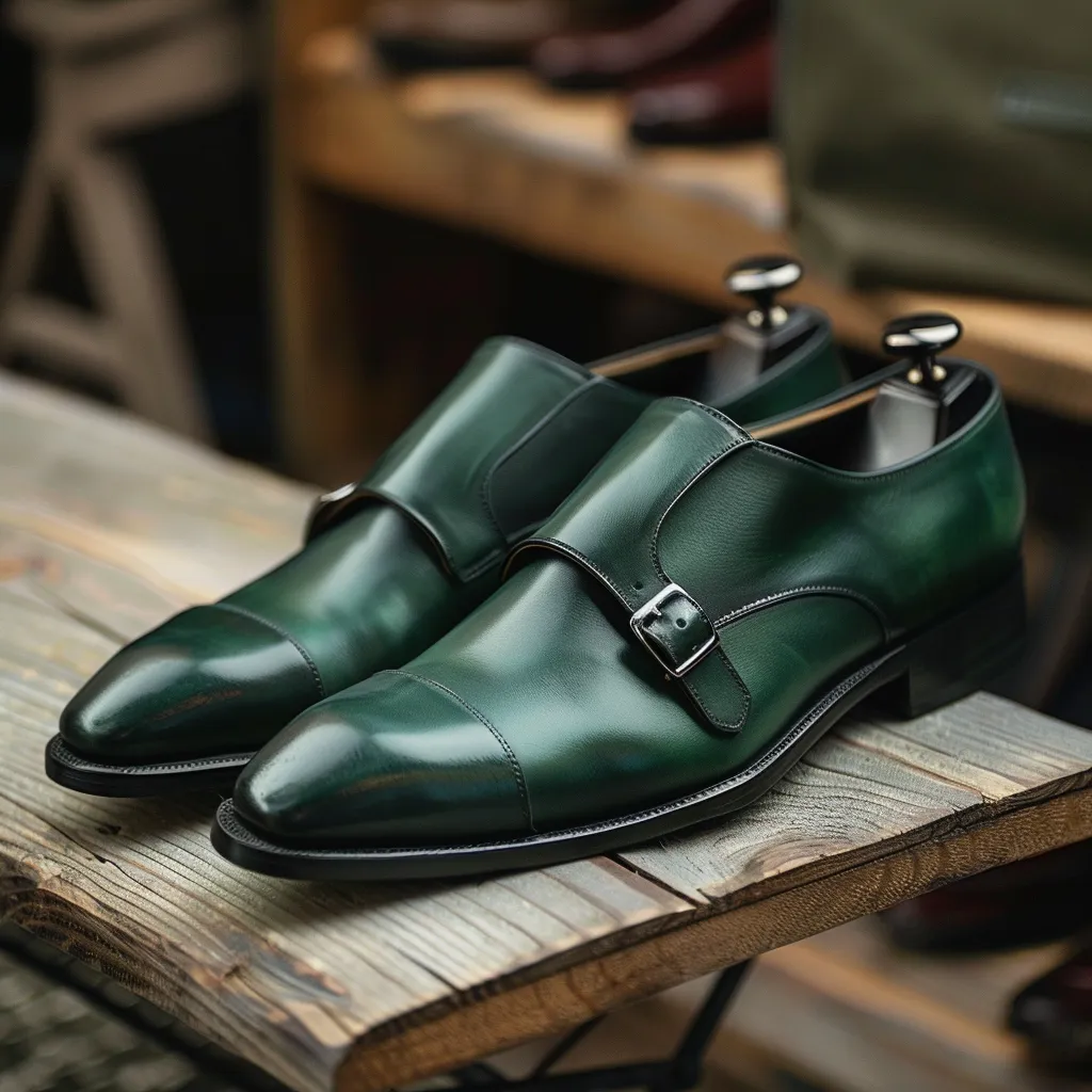 Green Leather Giulio Monk Straps sold by Costoso Italiano