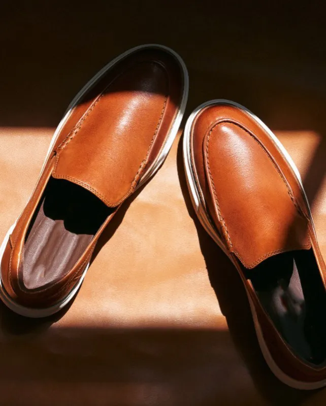 Tan Leather Aphrodite Slip On Yatch Loafers with White Soles - Summer 2024 Collection sold by Costoso Italiano
