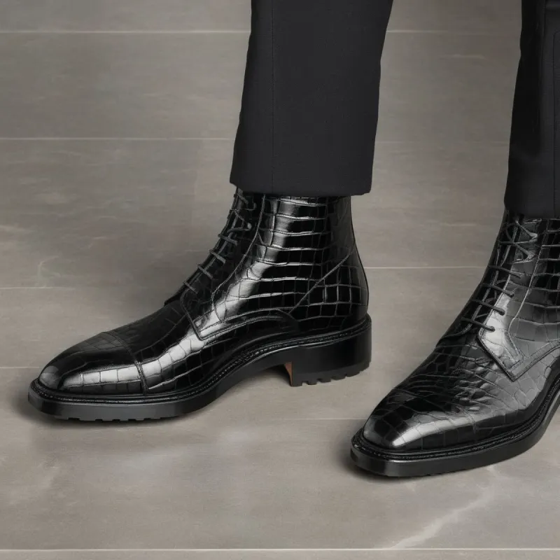 Black Croc Print Leather Likech Lace Up Combat Boots -AW24 sold by Costoso Italiano