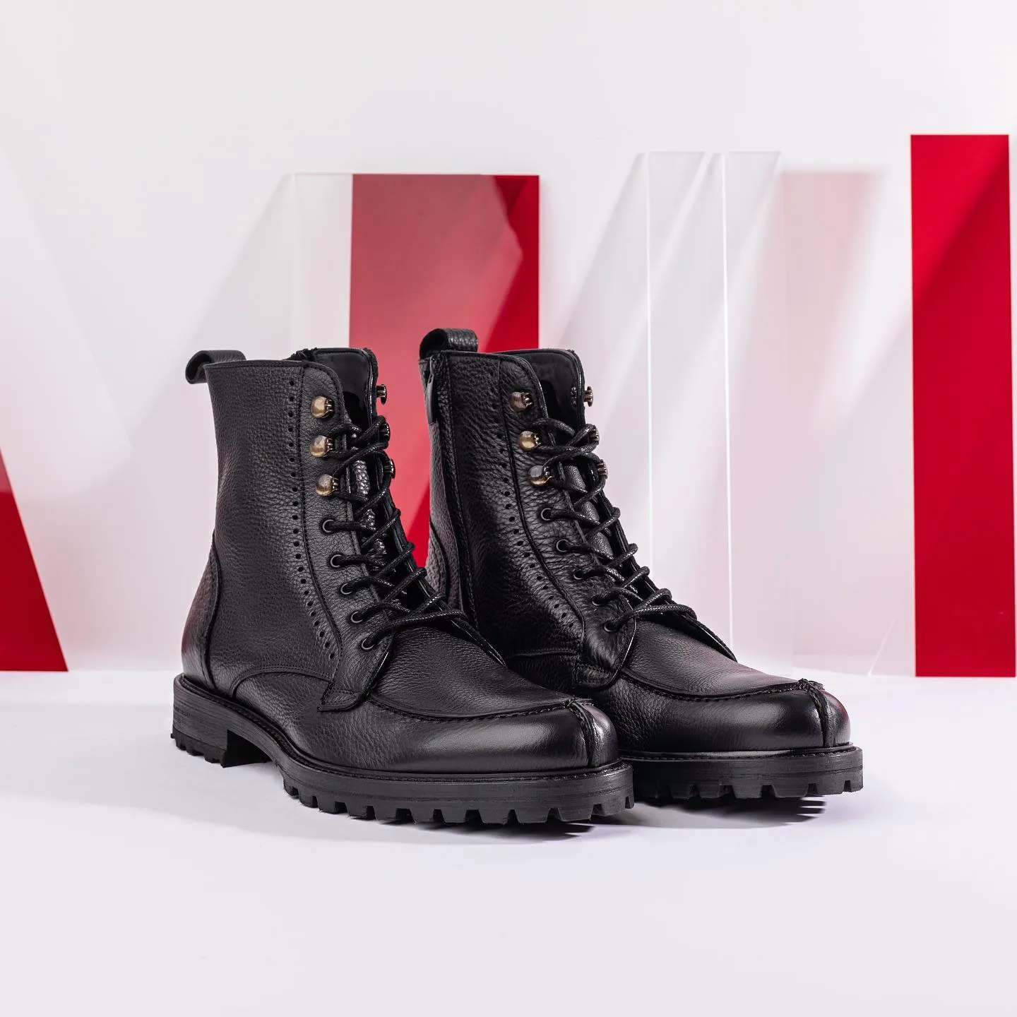 Black Leather Alerina Chunky Hiking Combat Lace Up Zipper Boots - AW24 - Hiking and Trekking Boots sold by Costoso Italiano