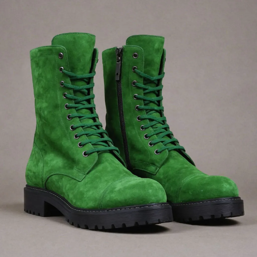 Green Suede Leather Oriella Lace Up Chunky Derby Boots with Zipper and Track Sole - AW24 - Hiking and Trekking Boots sold by Costoso Italiano