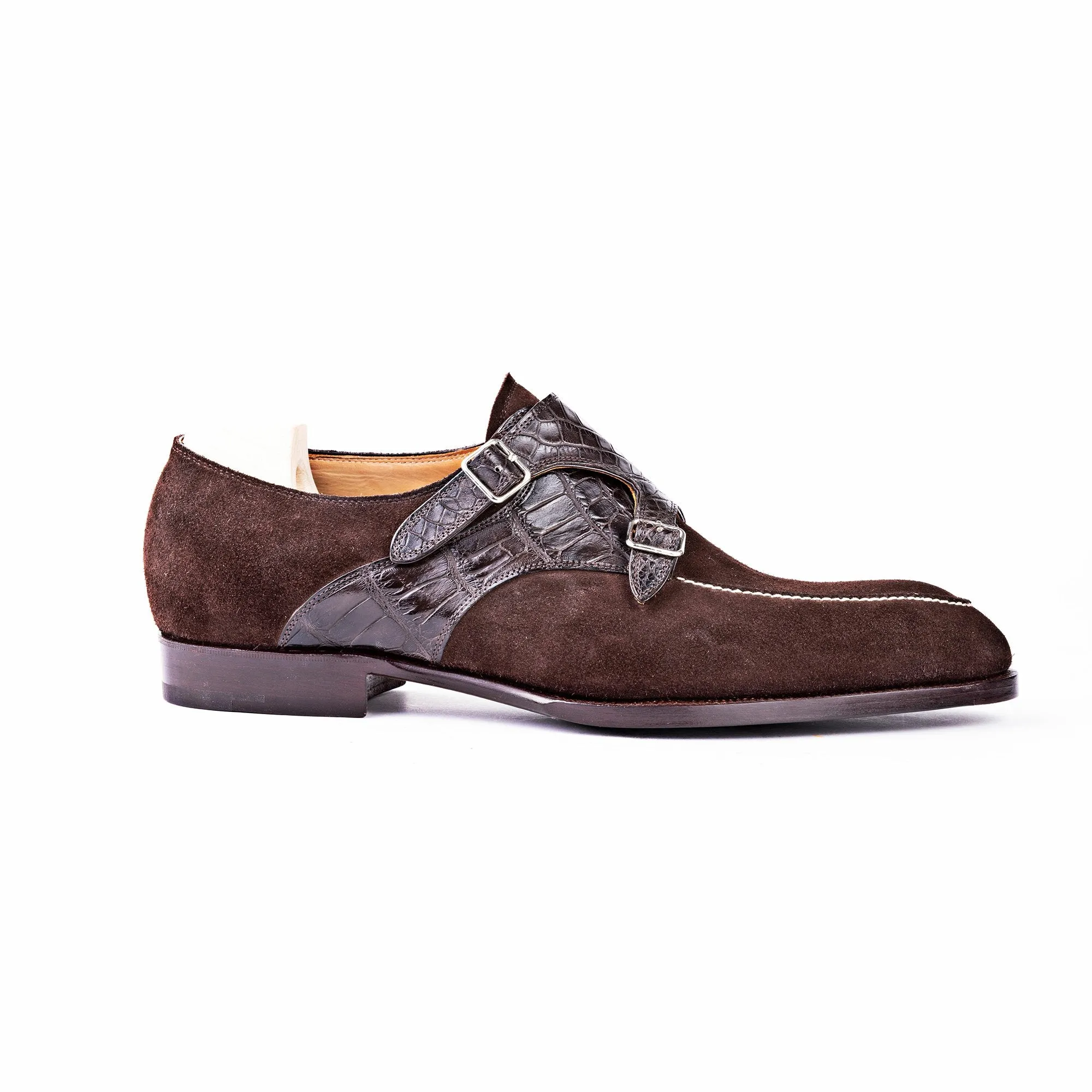 Flat Feet Shoes - Goodyear Welted Murtosa Brown Suede and Leather Croc Print Double Monk Strap With Violin Leather Sole with Arch Support sold by Costoso Italiano product image thumbnail 2