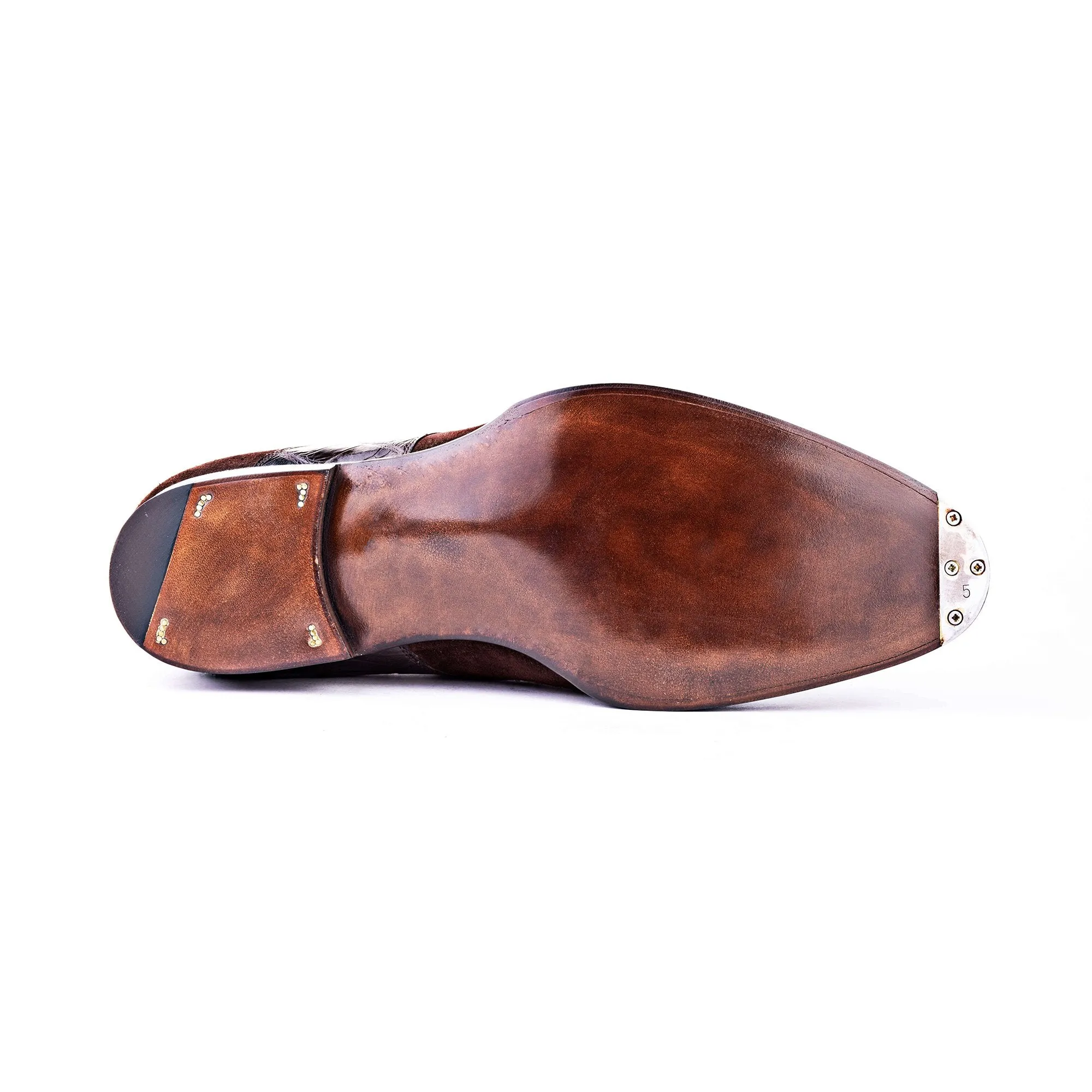 Flat Feet Shoes - Goodyear Welted Murtosa Brown Suede and Leather Croc Print Double Monk Strap With Violin Leather Sole with Arch Support sold by Costoso Italiano product image thumbnail 3