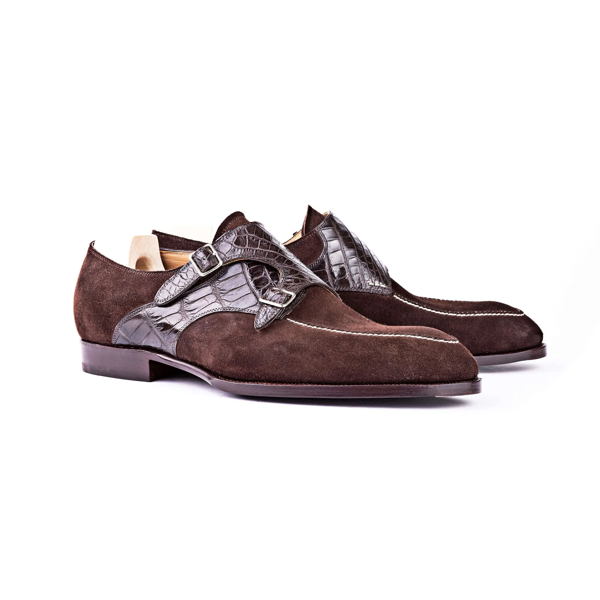 Flat Feet Shoes - Goodyear Welted Murtosa Brown Suede and Leather Croc Print Double Monk Strap With Violin Leather Sole with Arch Support sold by Costoso Italiano