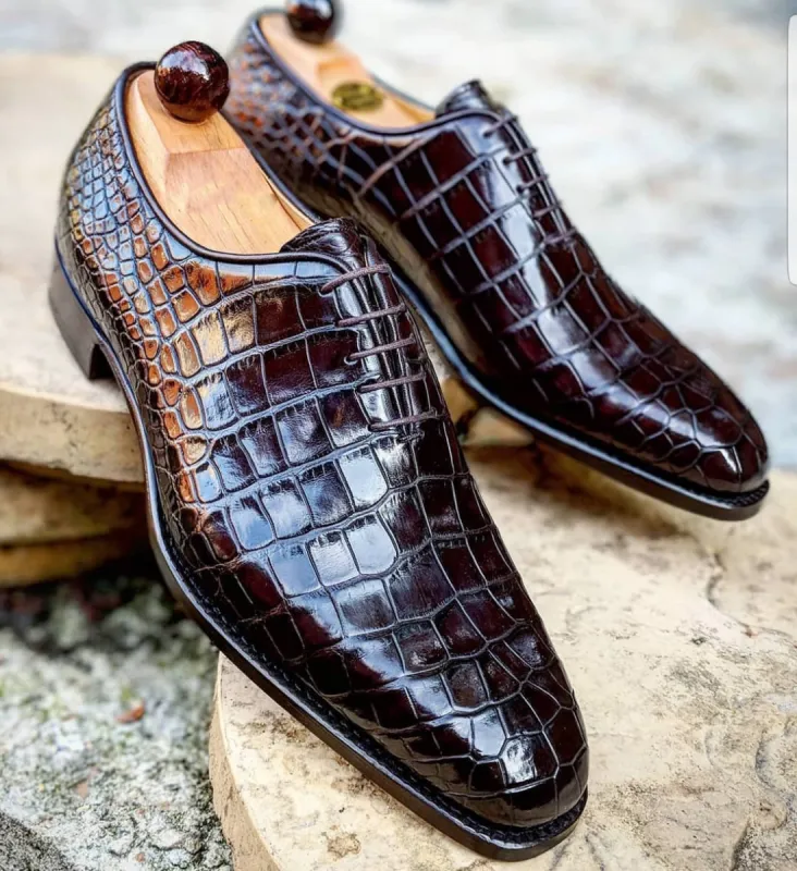 Luxury Edition - Artisian Made Brown Crocodile Print Italian Leather Mineros Whole Cut Oxford Shoes sold by Costoso Italiano