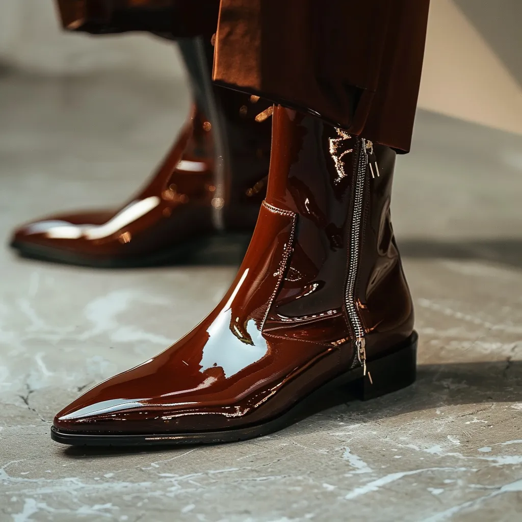 Brown Patent Leather Gaudenzio Slip-On Pointed Zipper Boots sold by Costoso Italiano
