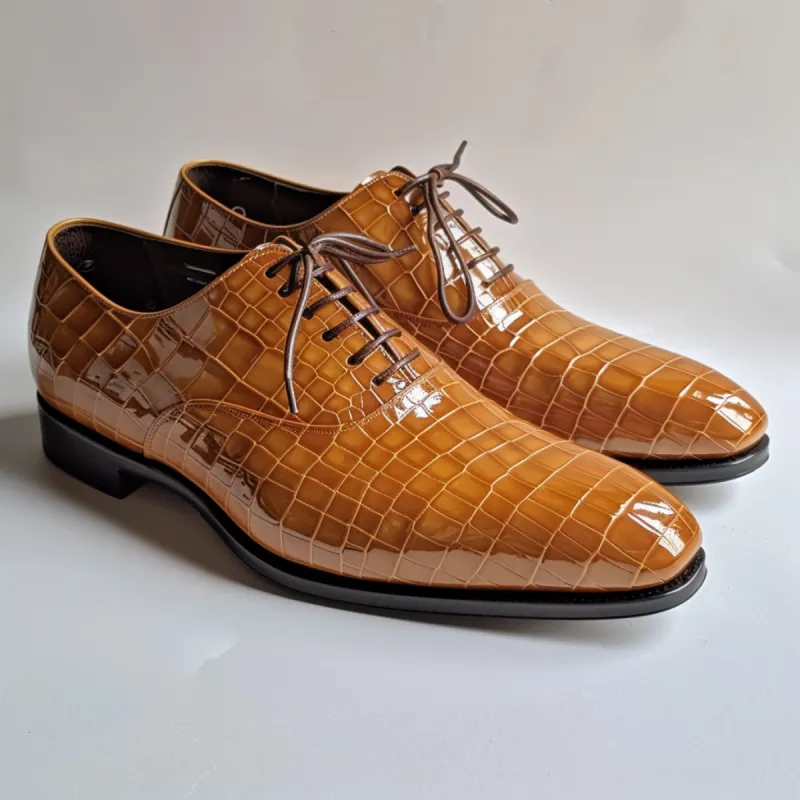 Macario Tan Leather Croc Print Oxford sold by Costoso Italiano