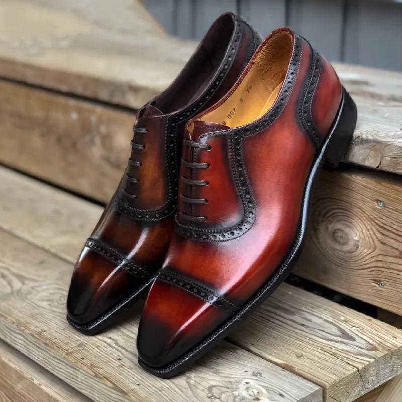 Height Increasing Brown Burgundy Leather Luso Brogue Toecap Oxfords - Formal Shoes sold by Costoso Italiano