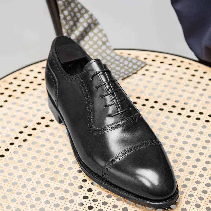 Black Leather Coimbra Brogue Toe Cap Oxfords - Formal Shoes sold by Costoso Italiano