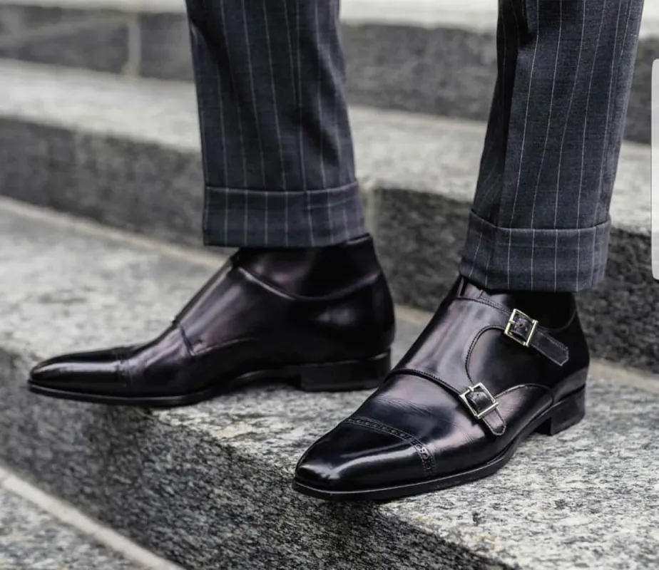 Height Increasing Black Leather Aveiro Brogue Monk Strap Boots sold by Costoso Italiano