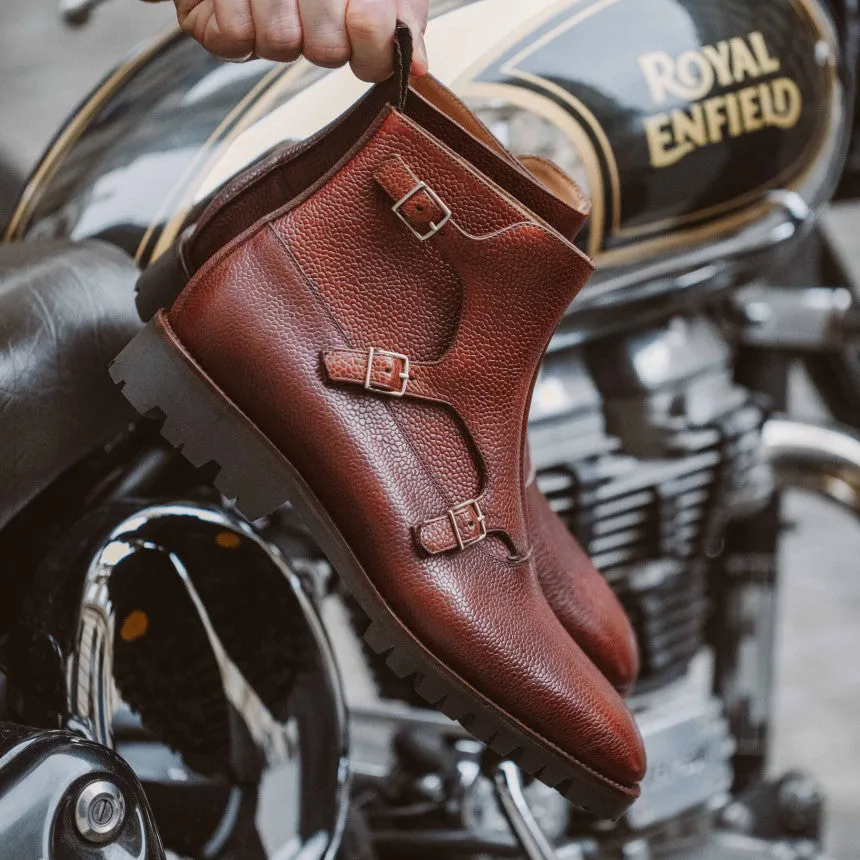 Tan Leather Santana Chunky Monk Strap Boots - With Track Lug Soles sold by Costoso Italiano