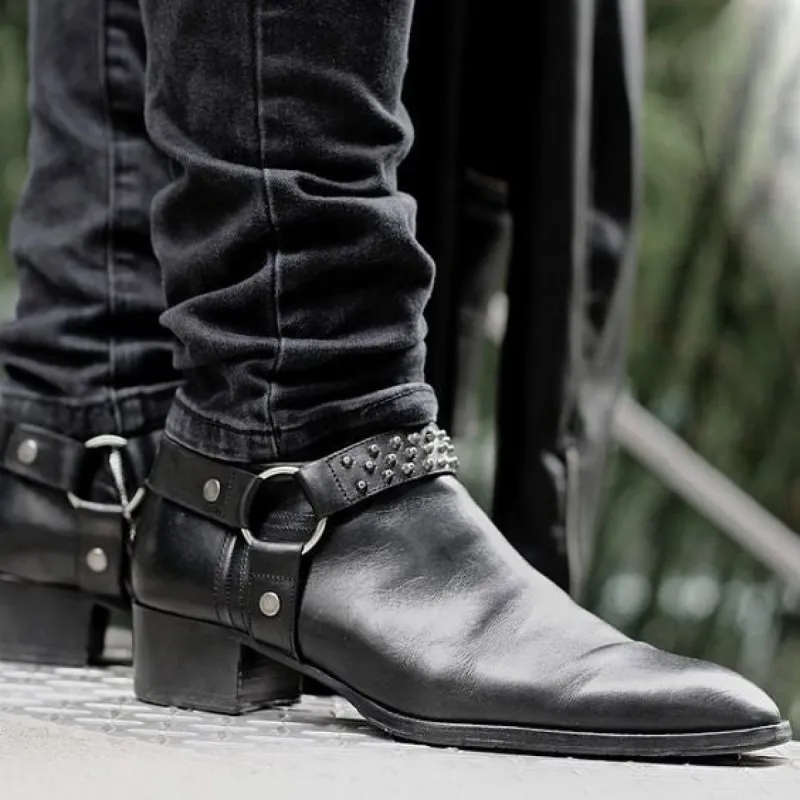 Height Increasing Black Italian Leather Wanton Slip On Harness Chelsea Boots with Spikes - GOODYEAR WELTED FIDDLE BACK VIOLIN SOLE sold by Costoso Italiano