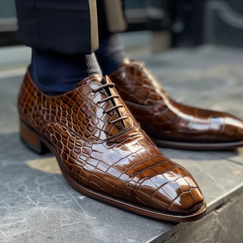 Lino Brown Leather Croc Print Oxford sold by Costoso Italiano