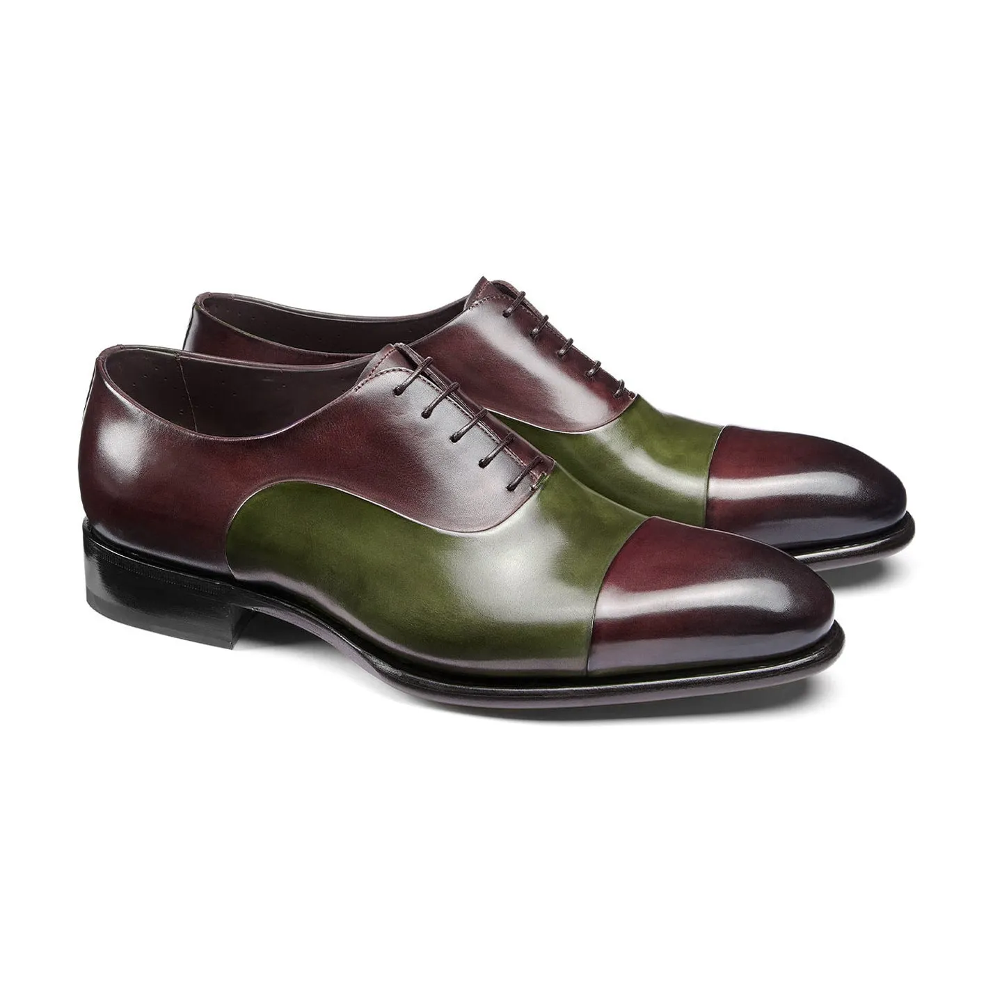 Olive Green and Wine Burgundy Leather Woodford Balmoral Toe Cap Oxfords sold by Costoso Italiano