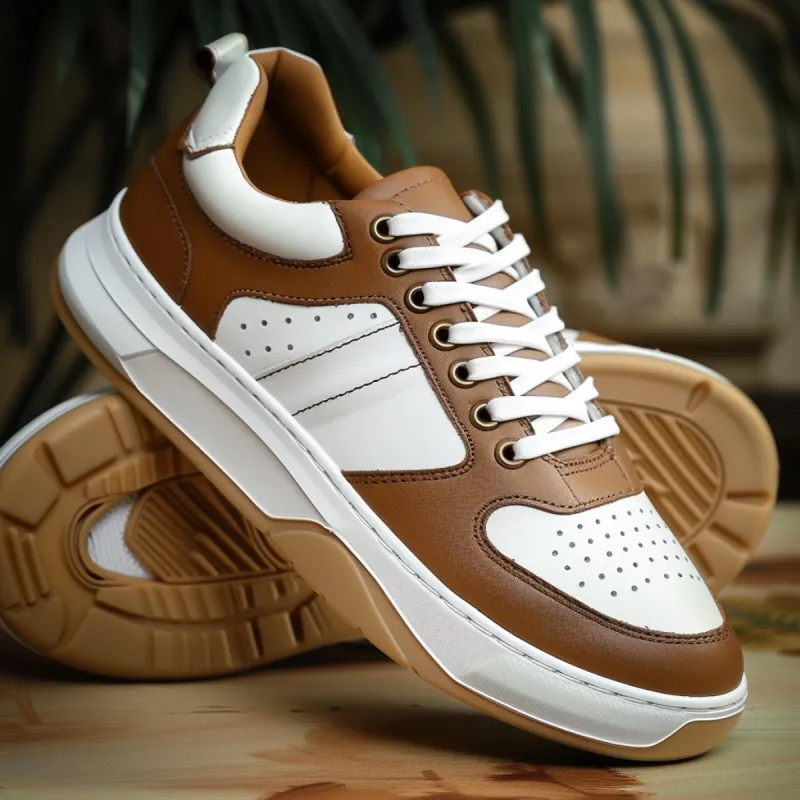 Brown & White Leather with Low Top Swift Sneak Lace-Up Sneakers with White Sole - Summer 2024 Collection sold by Costoso Italiano