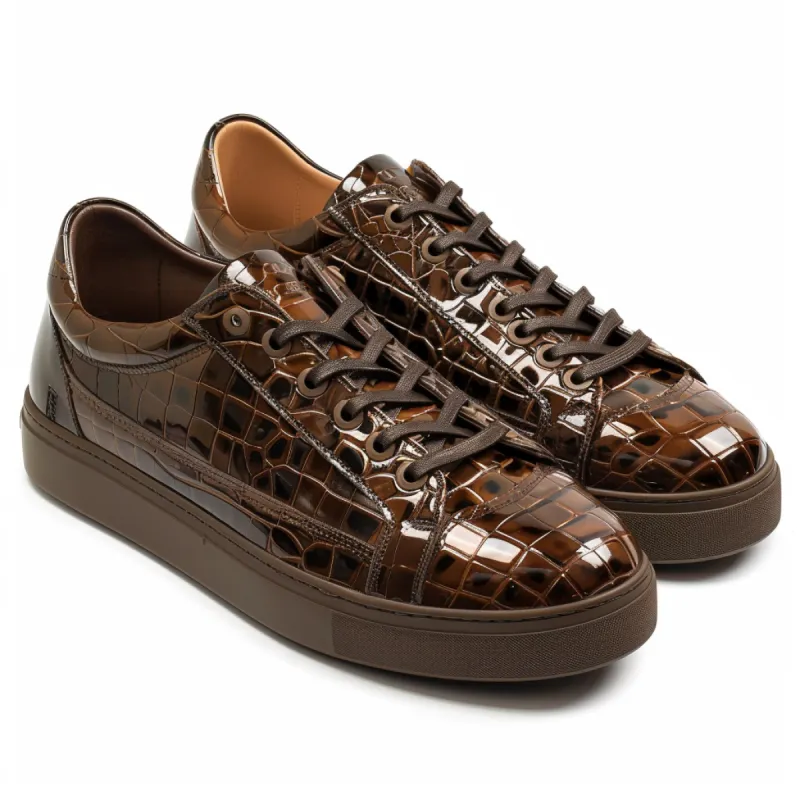 Brown Croc Print Leather Orlando Lace Up Sneakers sold by Costoso Italiano