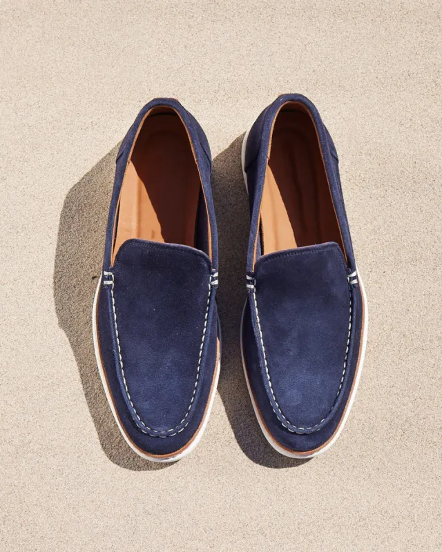 Navy Blue Leather Elysia Slip On Yatch Loafers with White Soles - Summer 2024 Collection sold by Costoso Italiano
