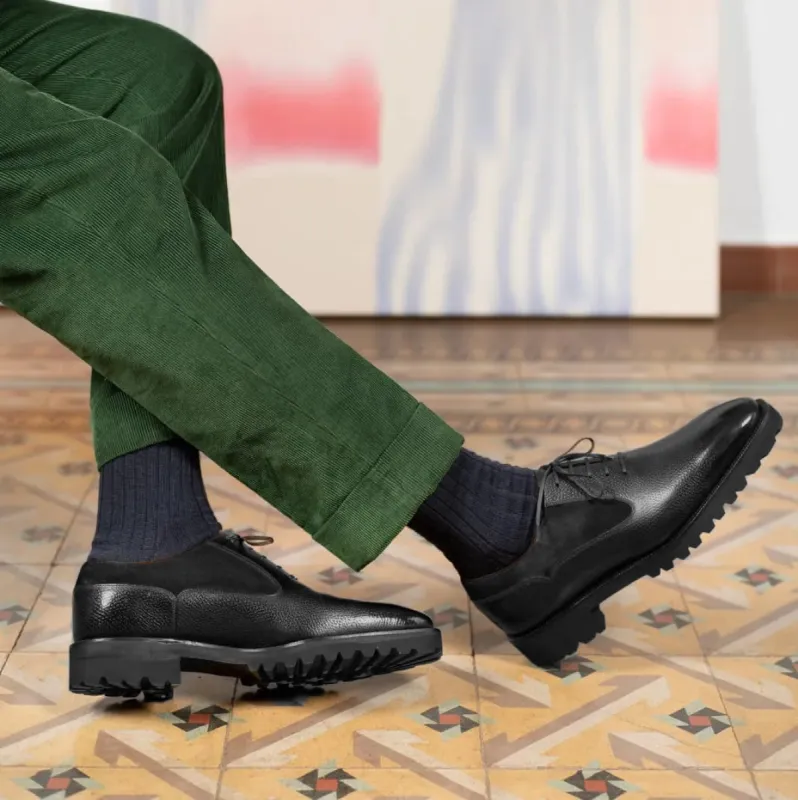 Black Leather and Suede Menessa Chunky Oxford Shoes - With Track Soles sold by Costoso Italiano
