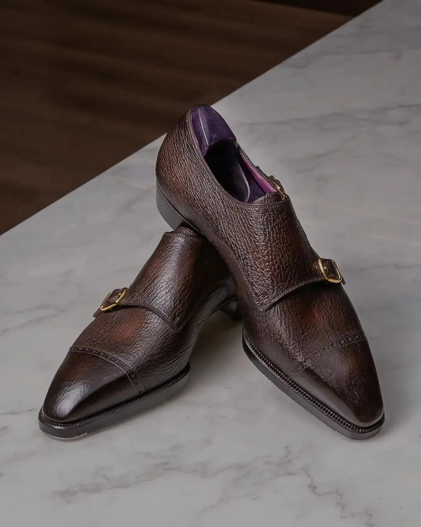 Brown Leather Classic Supreme Monk Straps Shoes sold by Costoso Italiano