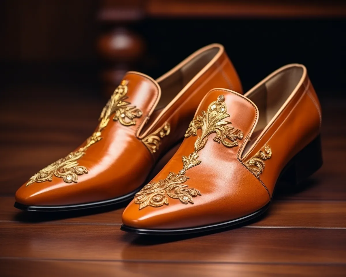 Tan Leather Hand Work Zardozi Peshawari Loafers | Wedding Shoes for Groom | Shoes for Haldi Mehendi Sangeet sold by Costoso Italiano