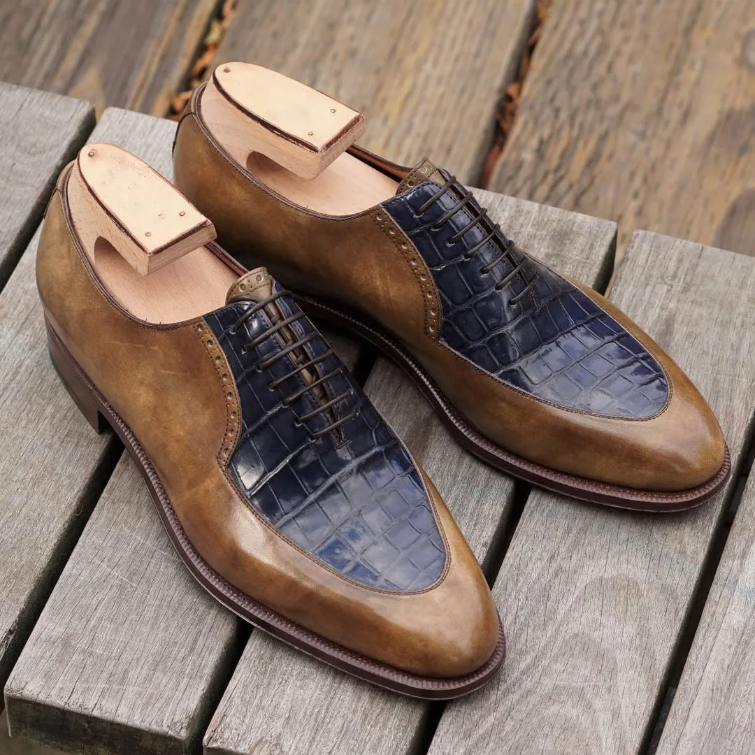 Navy Blue Crocodile Print and Tan Leather Janeiro Brogue Oxfords - Alligator Print Shoes sold by Costoso Italiano