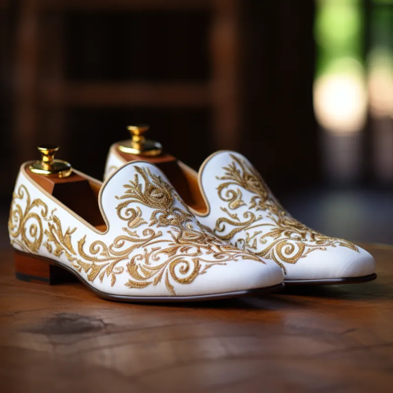 White Velvet Hand Work Zardozi Peshawari Loafers | Wedding Shoes for Groom | Shoes for Haldi Mehendi Sangeet sold by Costoso Italiano