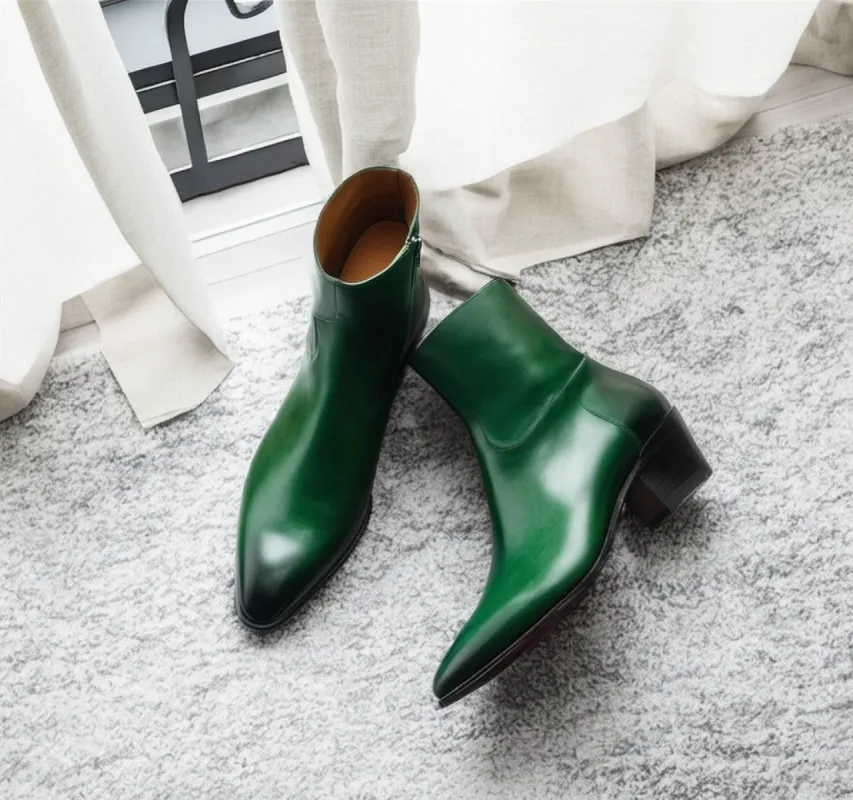 Green Leather Lazzer Slip On Zipper Pointed Boots sold by Costoso Italiano