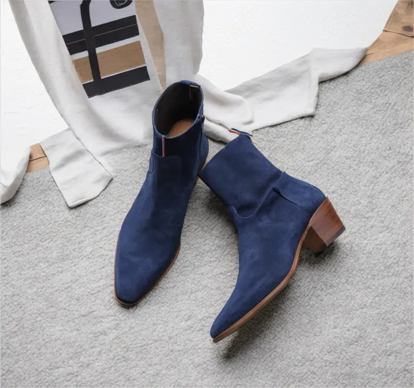 Blue Suede Leather Fiorina Slip On Zipper Pointed Boots for Men - AW24 sold by Costoso Italiano