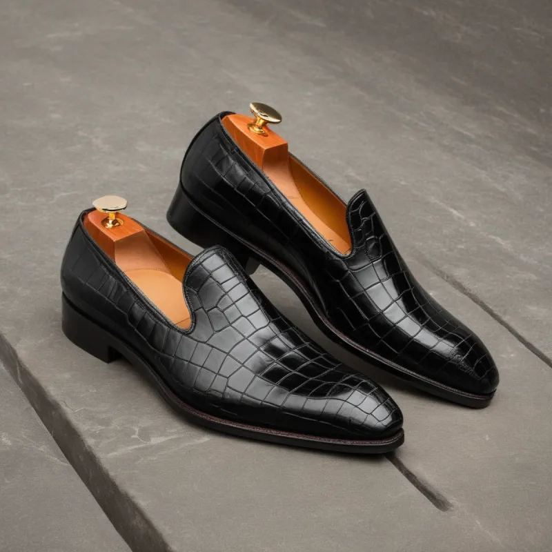 Black Croc Print Leather Boreas Minimalist Loafers sold by Costoso Italiano